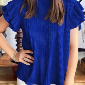 Dark Blue Solid Color Textured Ruffle Trim Short Sleeve Blouse