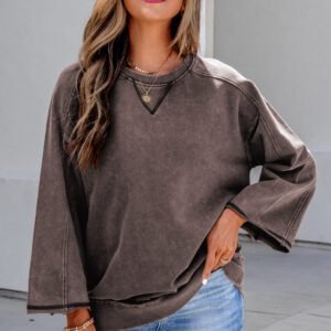 Dark Brown 3/4 Sleeve Mineral Wash Loose Cotton Top