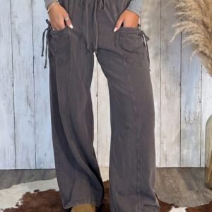 Dark Brown Cotton Mineral Wash Elastic Waist Drawstring Tie Detail Cargo Pants