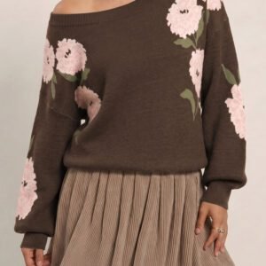 Dark Brown Floral Print Drop Shoulder Relaxed Pullover Sweater