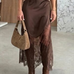 Dark Brown Lace Patchwork Hem Long Casual Shift Skirt