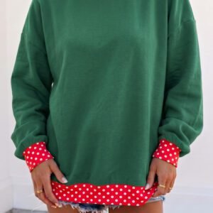 Dark Green Colorblock Polka Dot Contrast Trim Oversized Sweatshirt