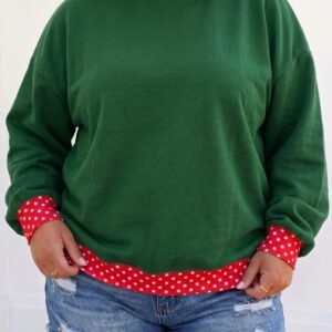 Dark Green Polka Dot Patchwork Round Neck Plus Size Sweatshirt