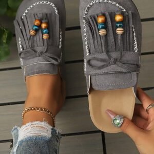 Dark Grey Boho Bow Fringed Faux Suede Slip-on Loafers Square Toe Casual Slippers