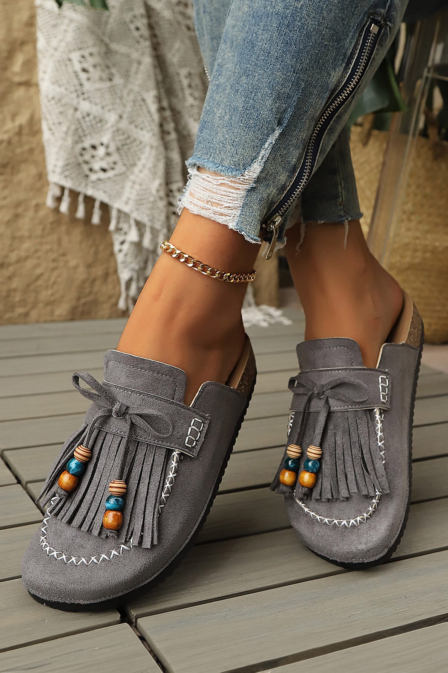 Dark Grey Boho Bow Fringed Faux Suede Slip-on Loafers Square Toe Casual Slippers
