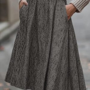 Dark Grey Solid Color Textured Pleated Midi Skirt
