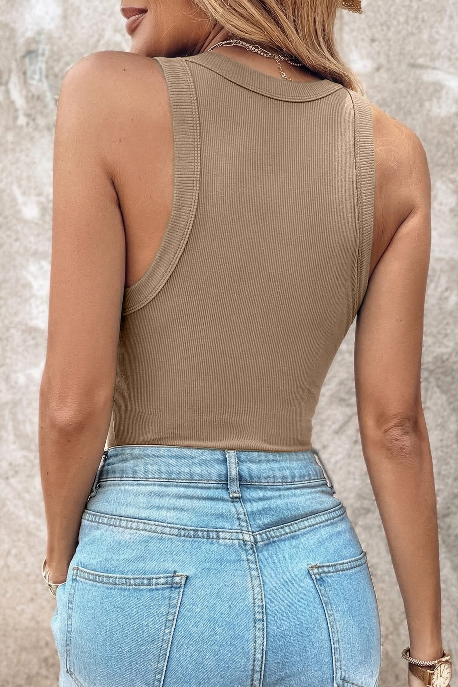 Dark Khaki Slim Ribbed Padded Tank Top