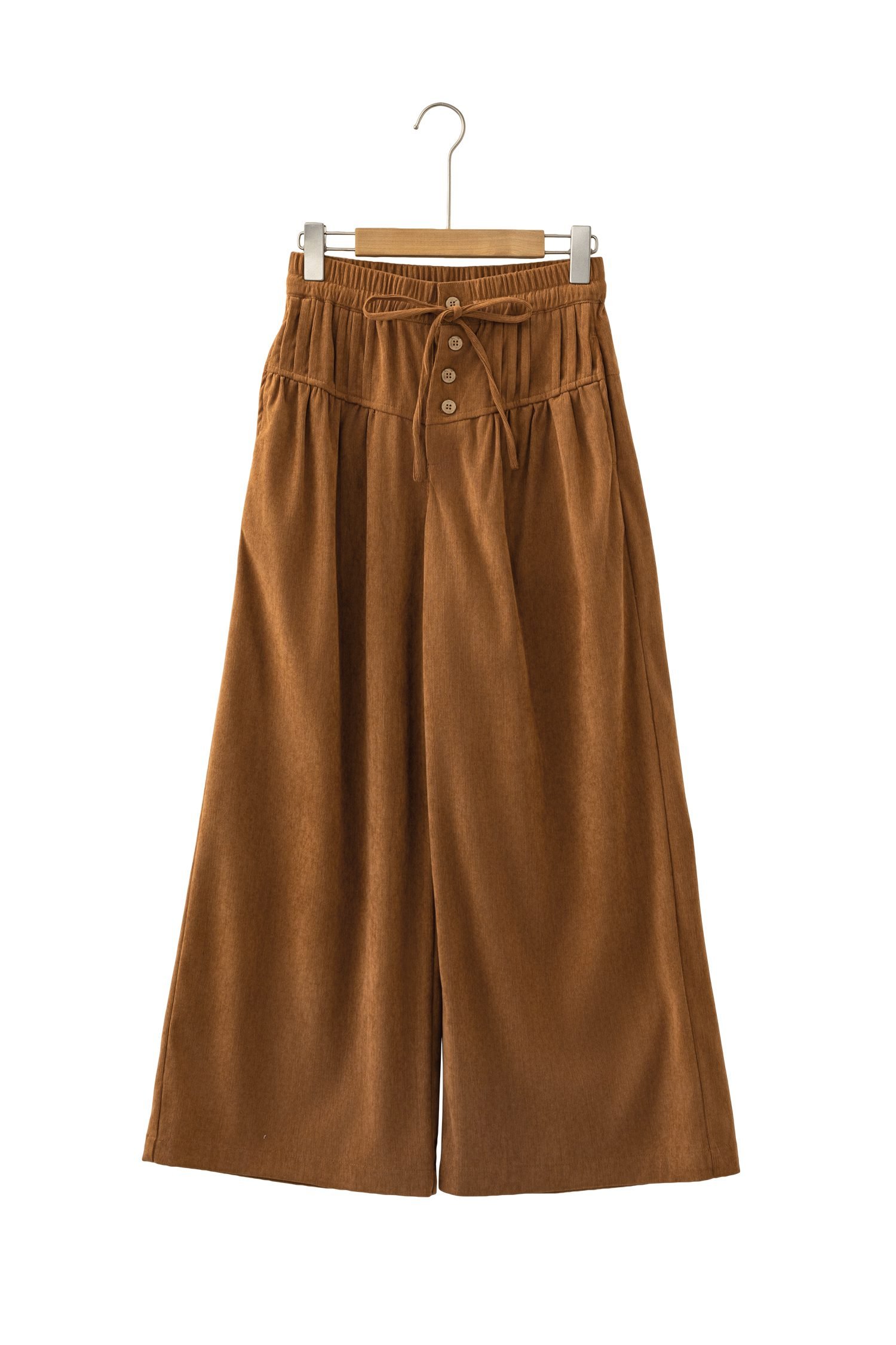 Thai Curry Elastic Waist Wooden Button Placket Ankle Length Wide Leg Pants - Image 14