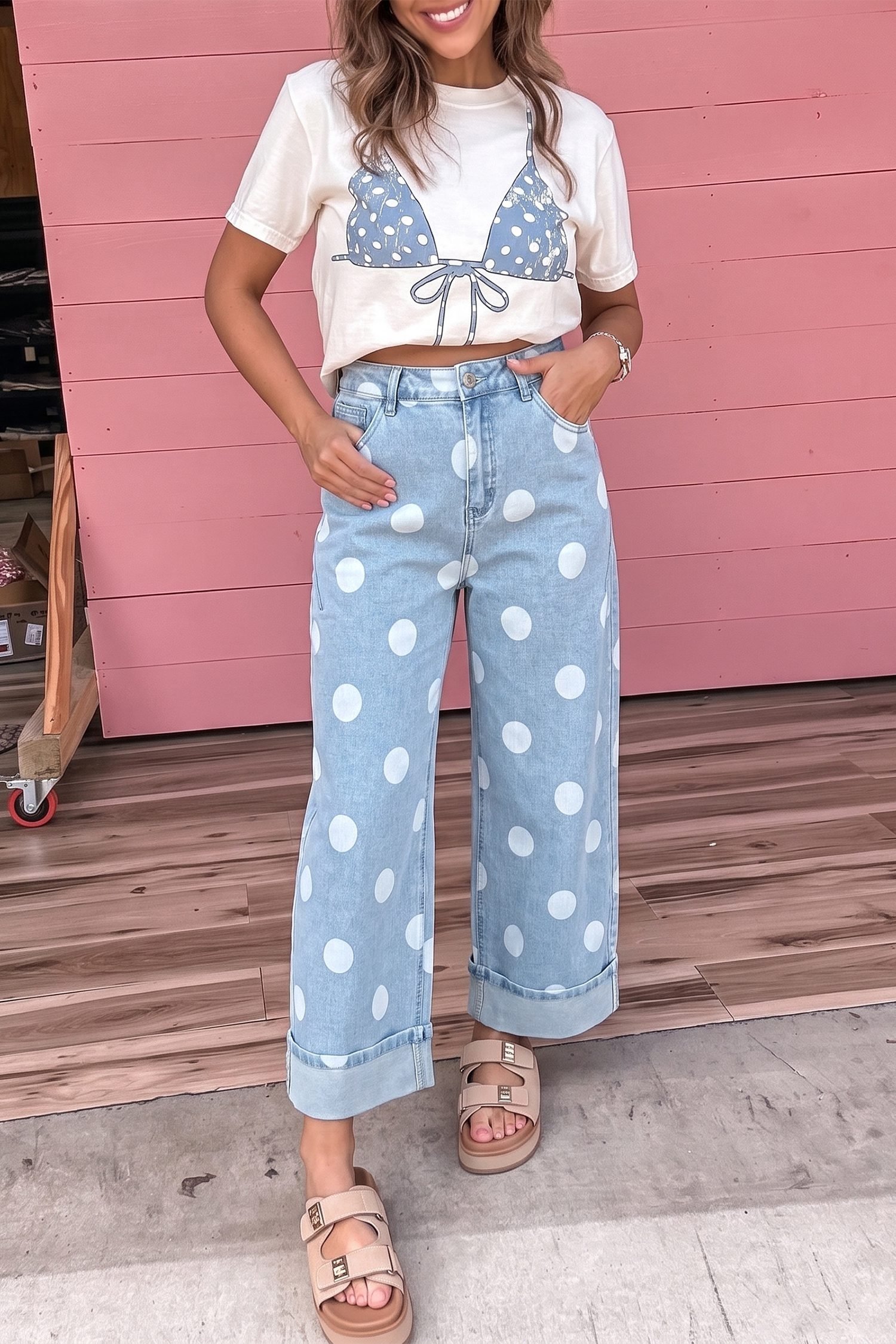 Sky Blue Polka Dot Ankle-Length Metal Button Casual Jeans - Image 4