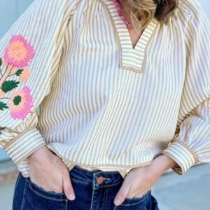 Khaki Stripe V Neck Floral Embroidered Long Sleeve Blouse