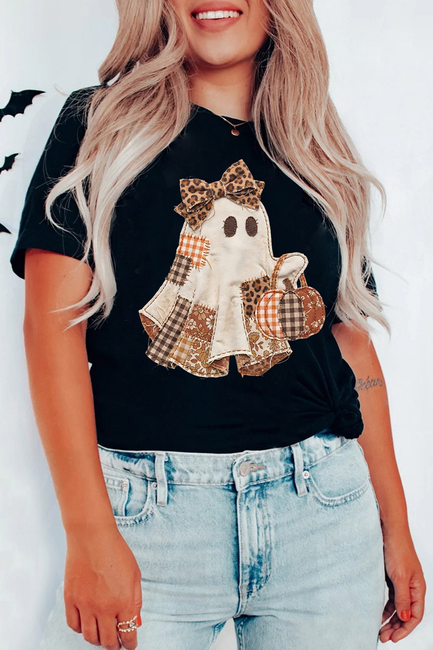 Black Halloween Ghost Applique Graphic T-Shirt - Image 3