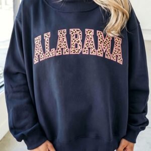 Dirty blue Embroidered Leopard Alabama High Neck Long Sleeve Tunic Sweatshirt