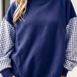 Dirty blue Plaid Sleeve Colorblock Loose Tunic Sweatshirt