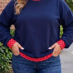 Dirty blue Polka Dot Patchwork Round Neck Plus Size Sweatshirt