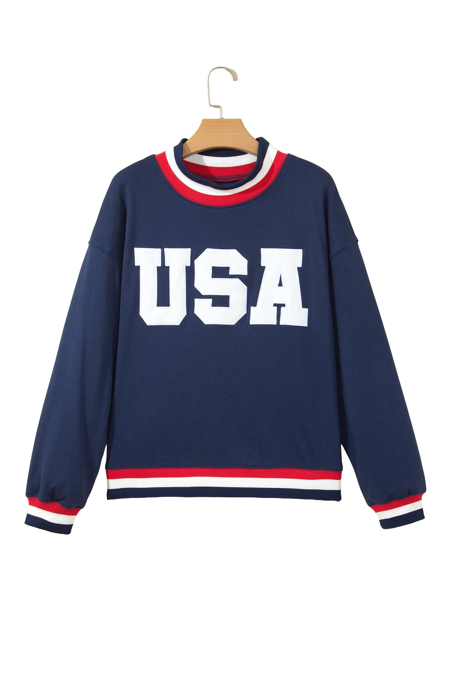 Dirty blue USA Slogan Patch Embroidery Colorblock High Neck Long Sleeve Sweatshirt