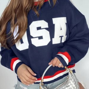 Dirty blue USA Slogan Patch Embroidery Colorblock High Neck Long Sleeve Sweatshirt