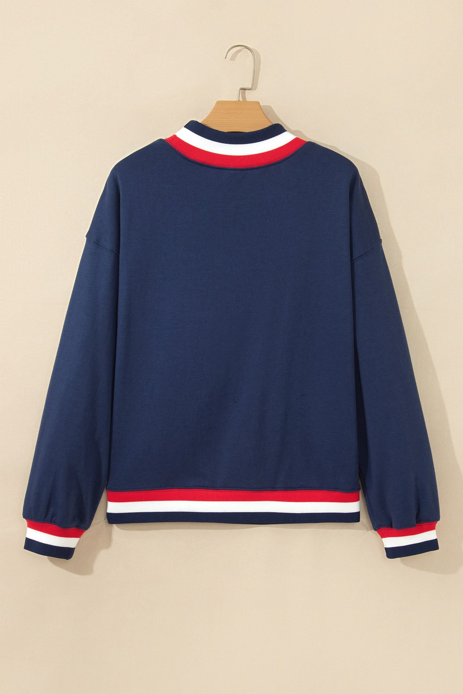 Dirty blue USA Slogan Patch Embroidery Colorblock High Neck Long Sleeve Sweatshirt
