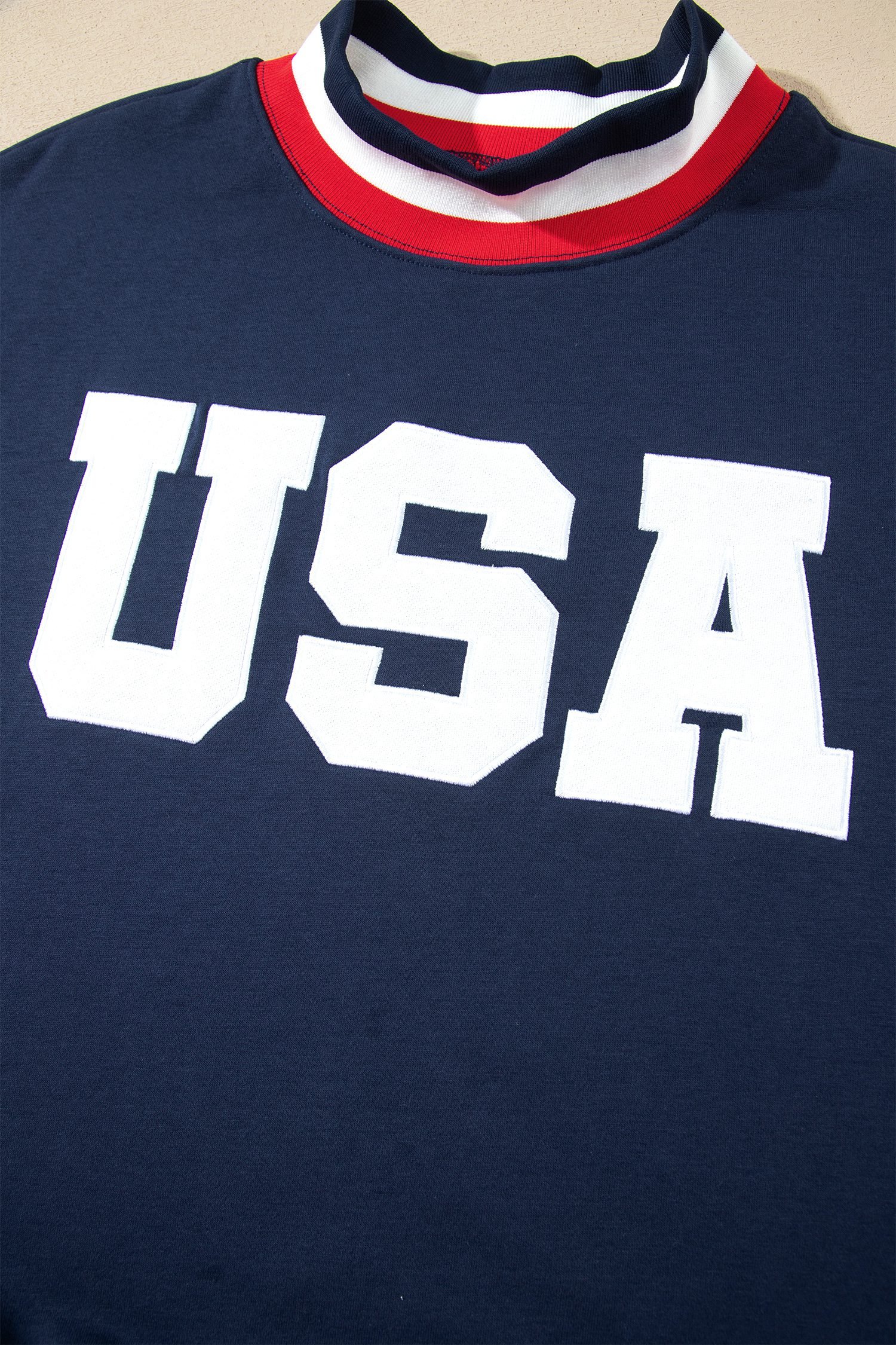 Dirty blue USA Slogan Patch Embroidery Colorblock High Neck Long Sleeve Sweatshirt