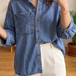 Dusk Blue Three Quarter Sleeve Button Front Loose Denim Shirt