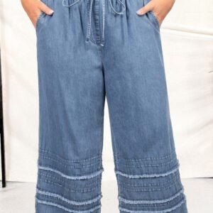 Dusk Blue Tiered Raw Edge Ruffled Plus Size Wide Leg Denim Pants
