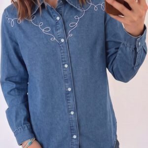 Dusk Blue Western Embroidered Collar Long Sleeve Denim Shirt