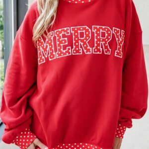 Tomato Red Polka Dot Letter Print Contrast Trim Mock Neck Sweatshirt