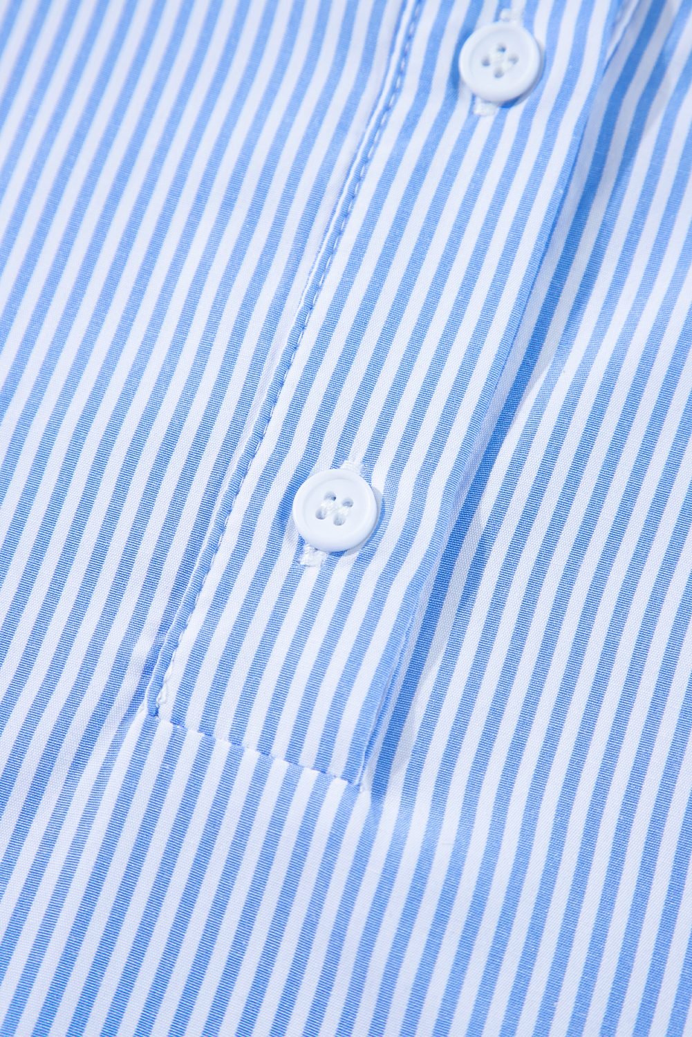 Sky Blue Stripe Pinstripe Long Sleeve Smocked Cuffs Button Shirt Collar Blouse - Image 13