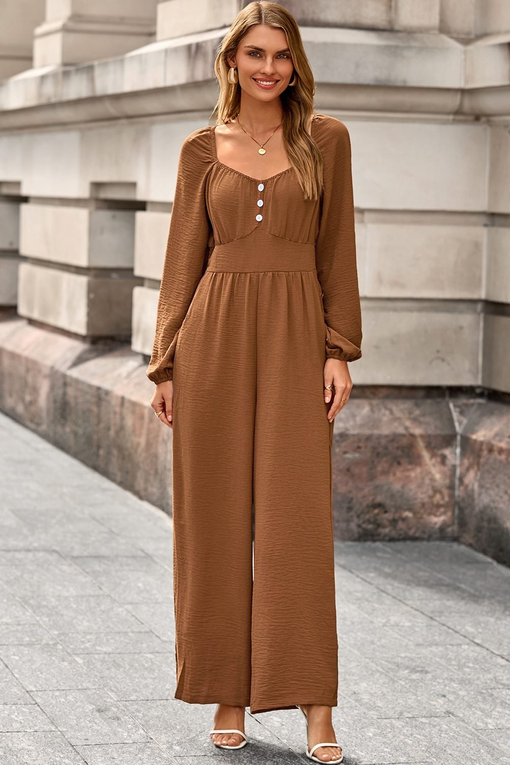 Chestnut Solid Color Long Sleeve Shirred Button Detail Straight Leg Jumpsuit - Image 5