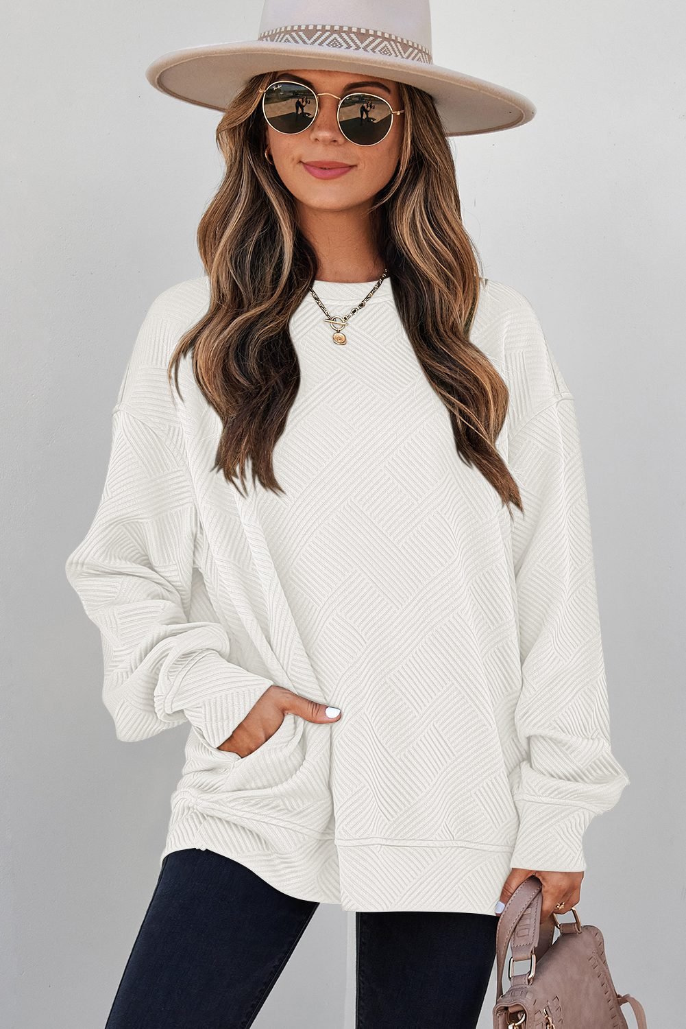 White Solid Color Textured Round Neck Drop Shoulder Pullover Sweatshirt - Image 5