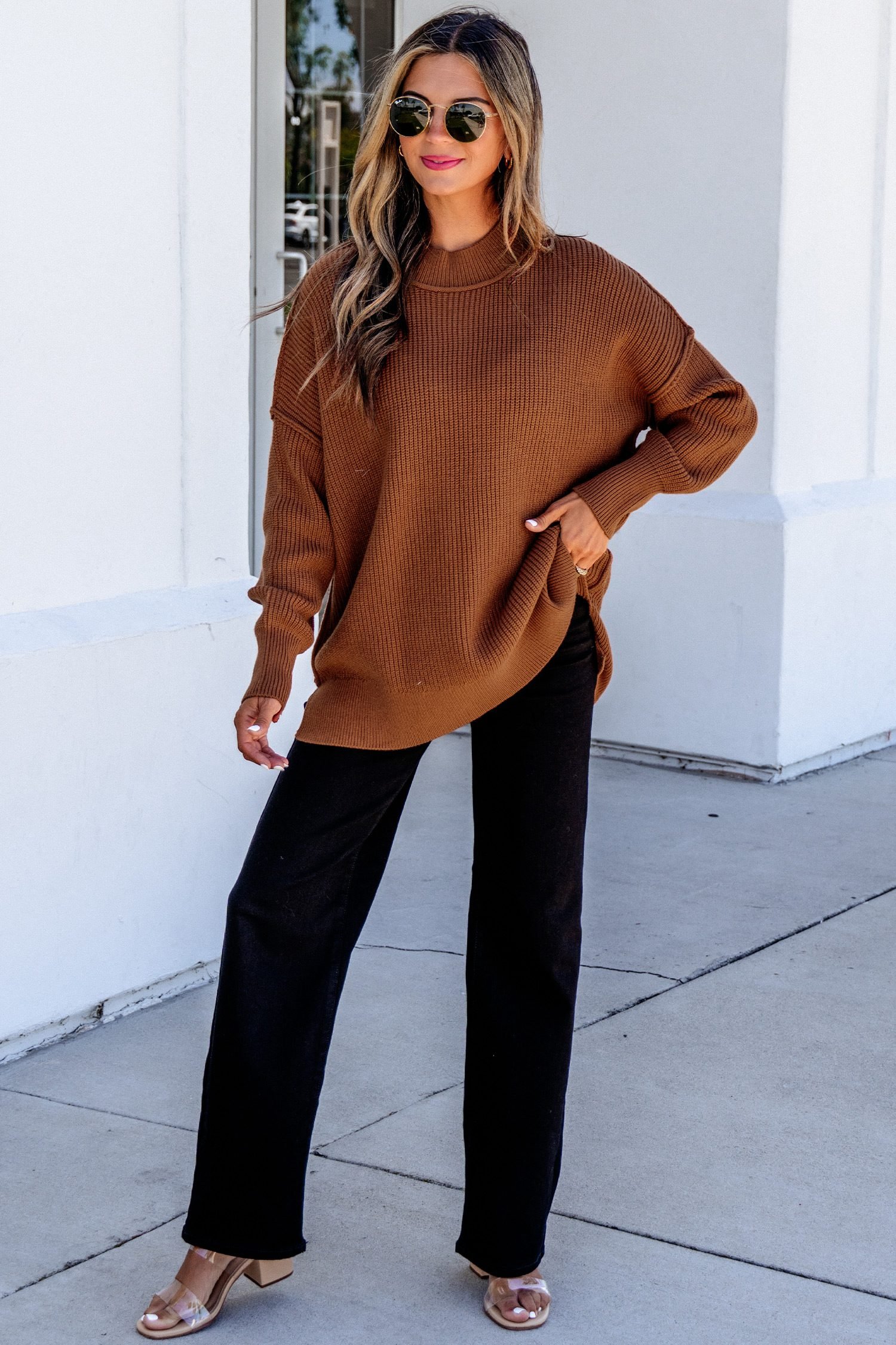 Chestnut Long Sleeve Ribbed Knit Stand Neck Regular Fit Sweater - Image 7