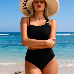 2026 New Women's Sexy Fashion Black Asymmetric Metal Ring Two-Piece Swimsuit For Vacation & Leisure