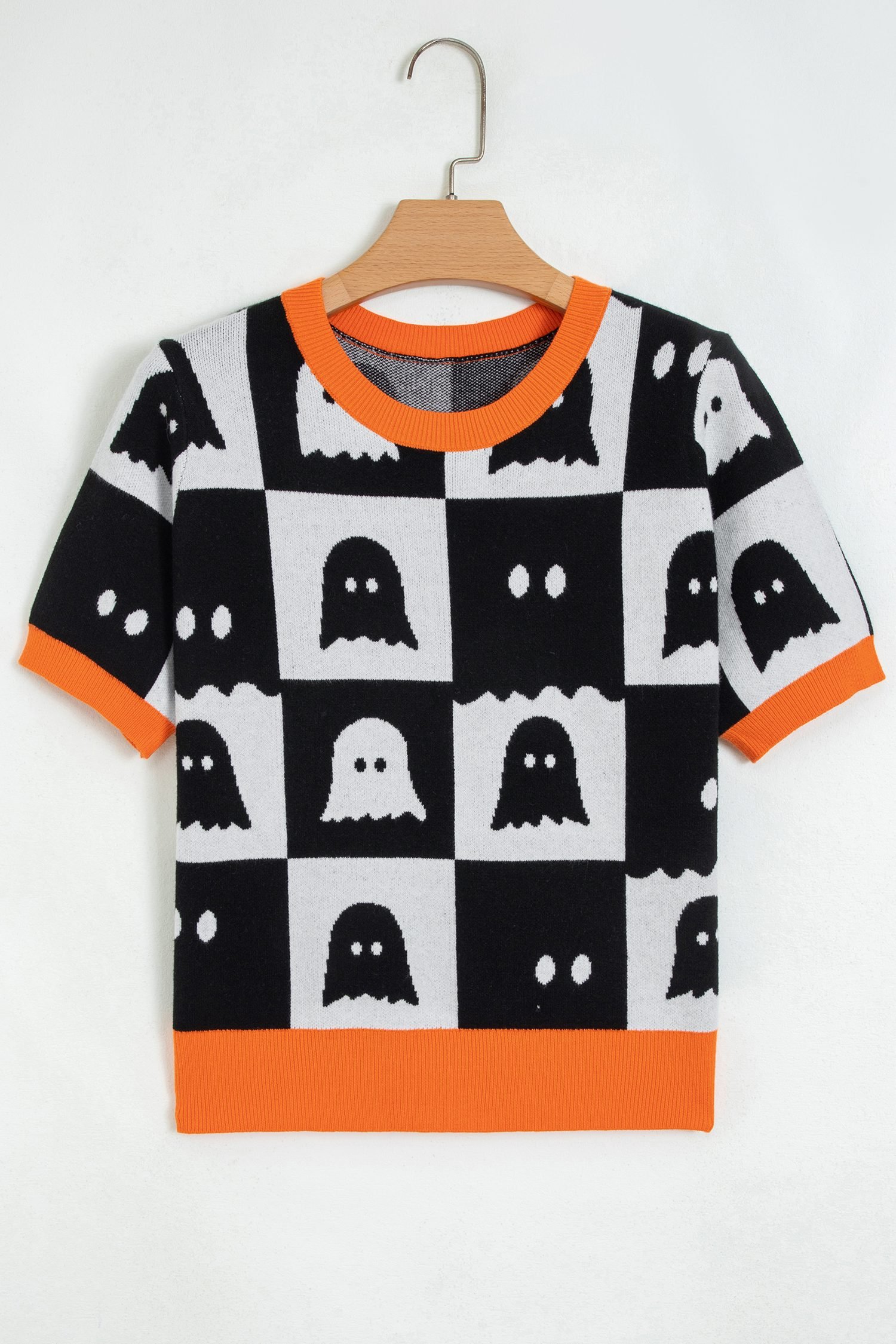White Geometric Ghost Color Block Trim Short Sleeve Knit Sweater - Image 4