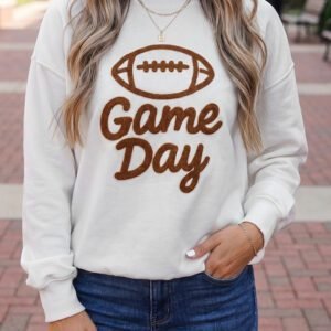 White Embroidered Slogan Game Day Rugby Pattern Crewneck Sweatshirt