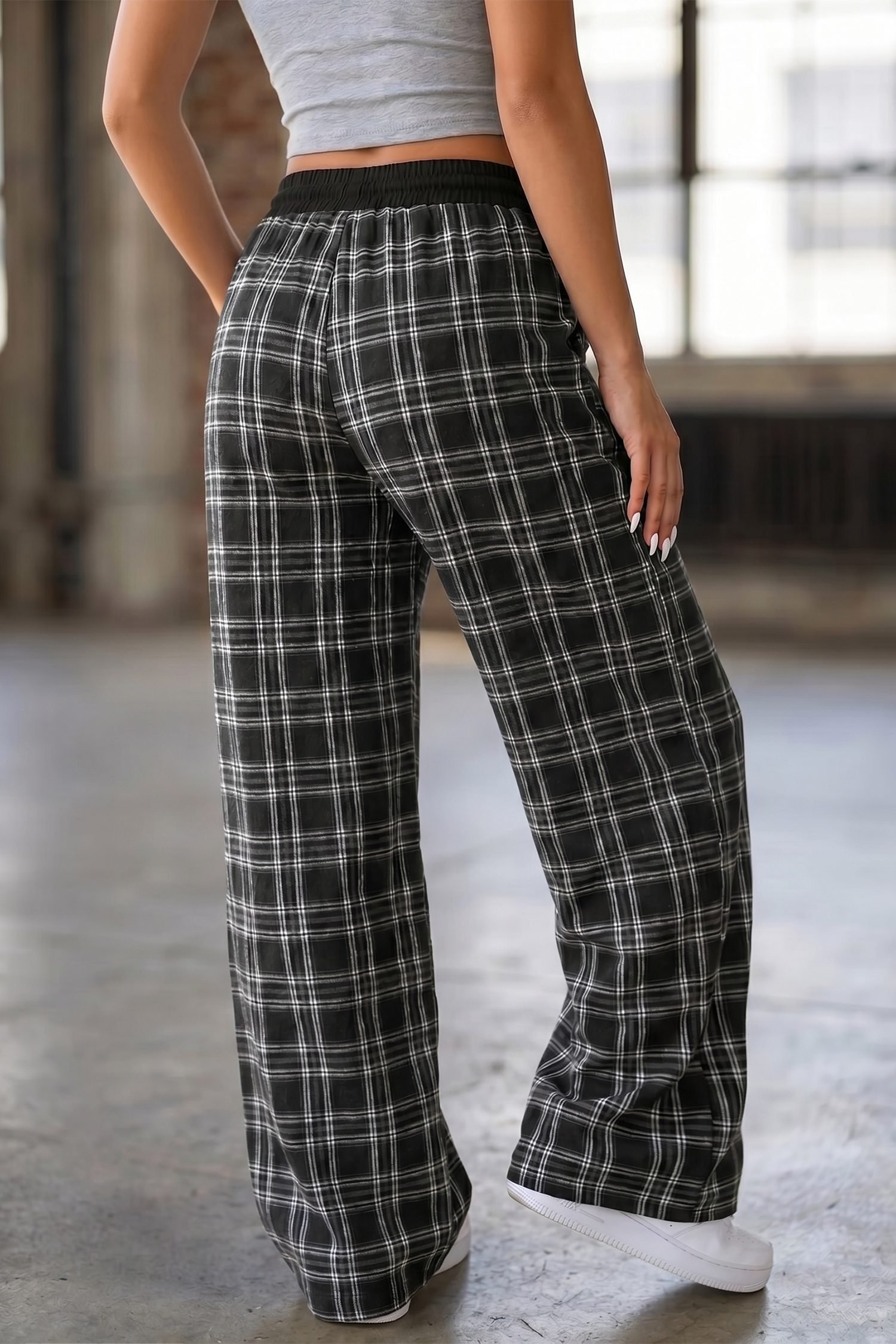 Black Frenchy Plaid Pattern Contrast Drawstring Waist Wide Leg Pants - Image 2