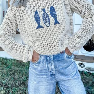 White Open Knit Fish Embroidered Casual Sweater