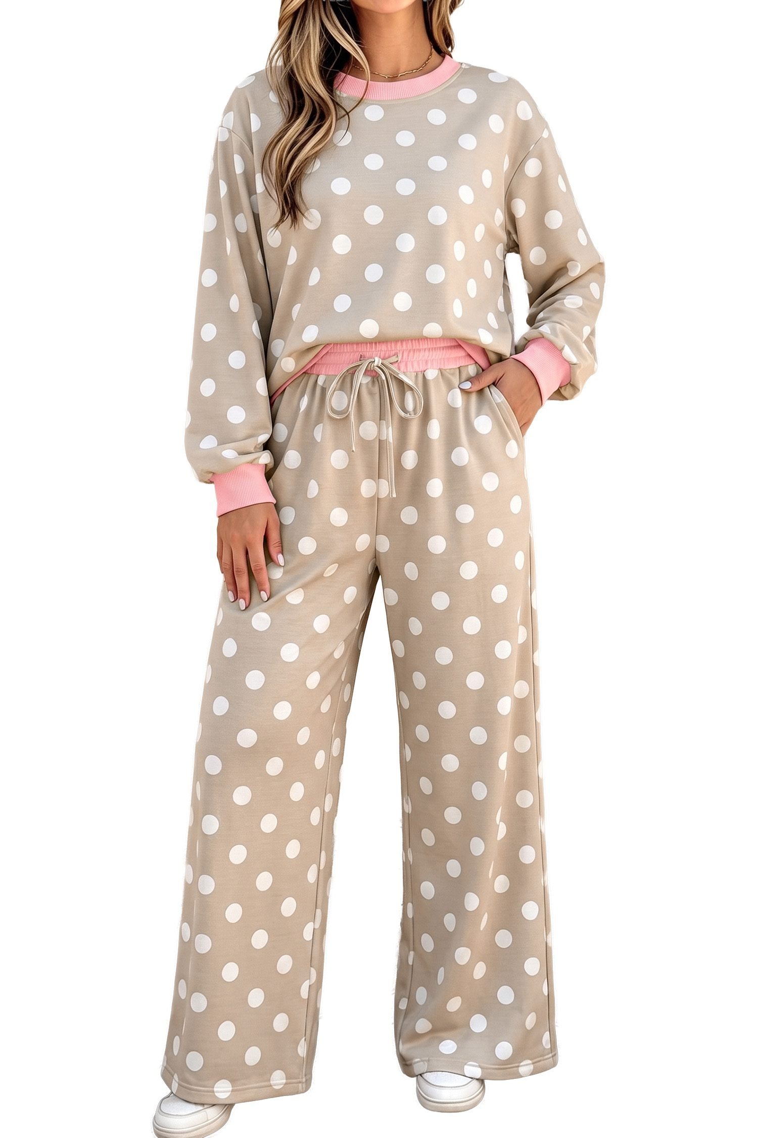 Khaki Polka Dot Contrast Trim Long Sleeve Top Drawstring Shift Pants Set - Image 3