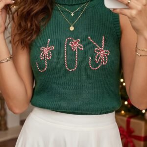 Evergreen High Neck Sleeveless Embroidered Knit Sweater Vest