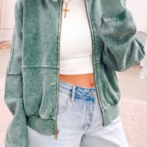 Evergreen Mineral Washed Zip Open-Front Jacket Style Cotton Sweatshirt