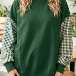 Evergreen Plaid Sleeve Colorblock Loose Tunic Sweatshirt