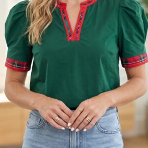 Evergreen Plaid Trim V Neck Short Sleeve Shift Blouse