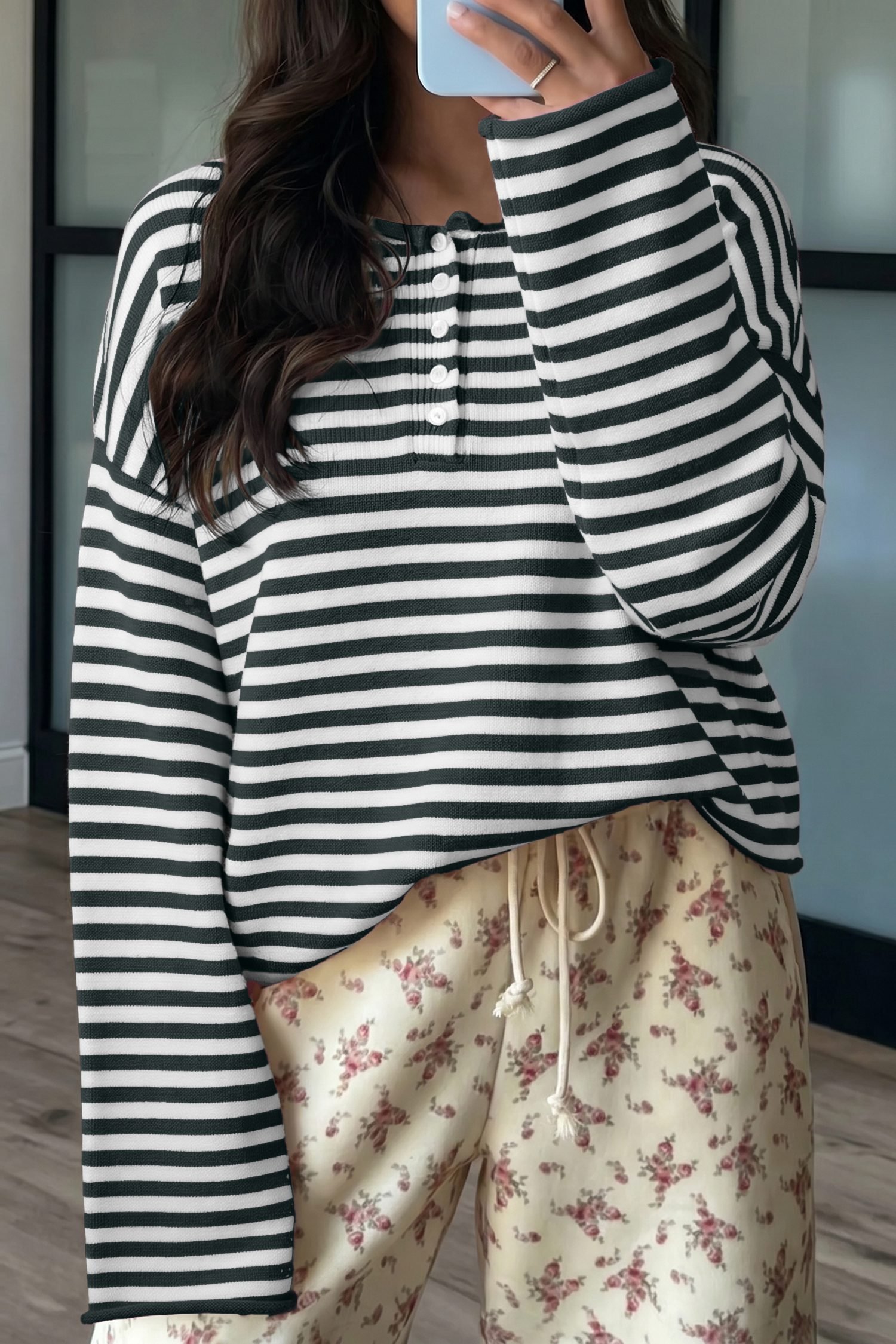 Green Stripe Striped Button Placket Drop Shoulder Long Sleeve Sweater - Image 9