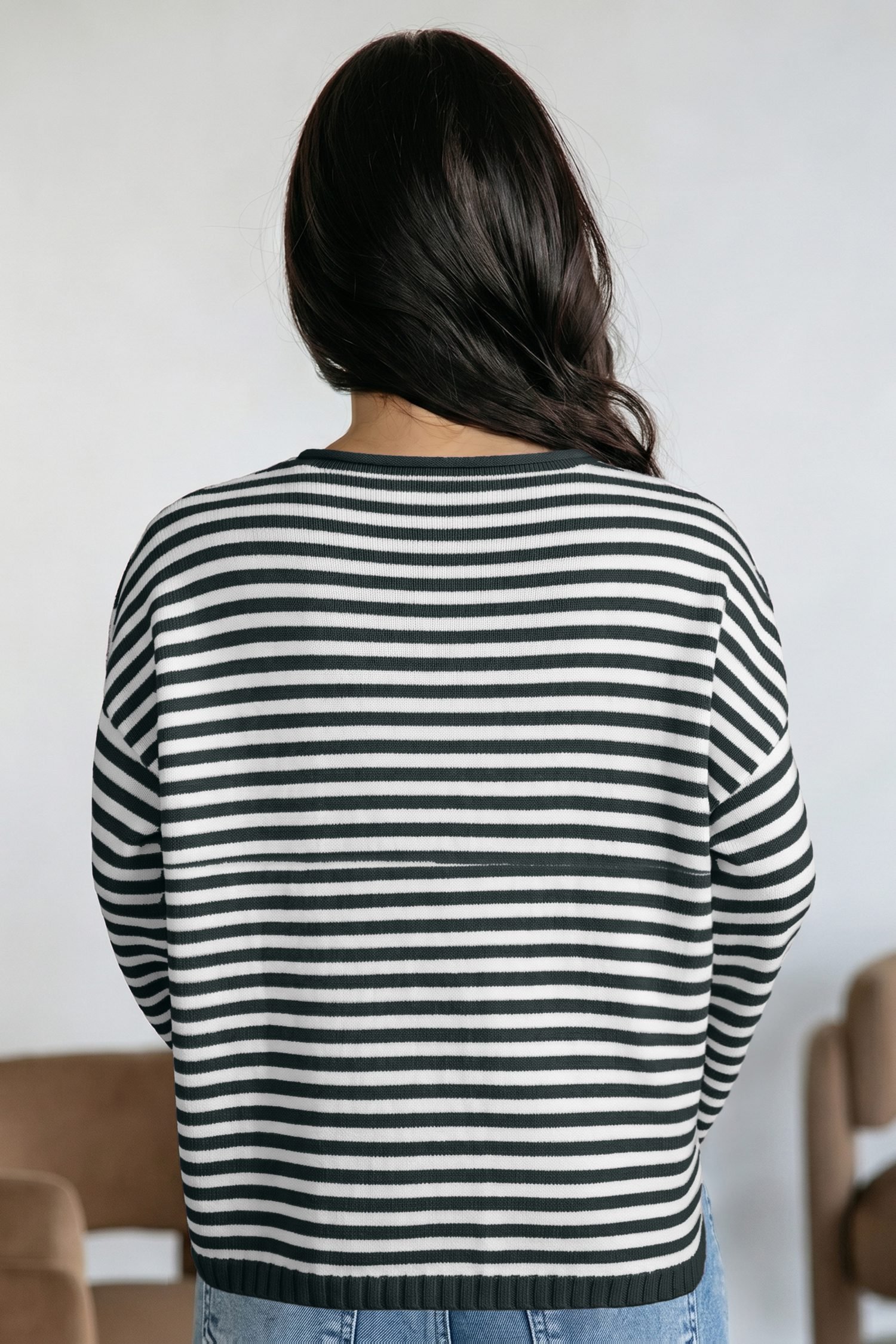 Green Stripe Striped Button Placket Drop Shoulder Long Sleeve Sweater - Image 10