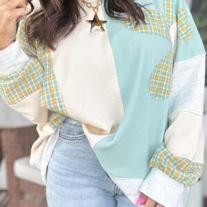 Light Blue Plaid Patchwork Round Neck Long Sleeve Top
