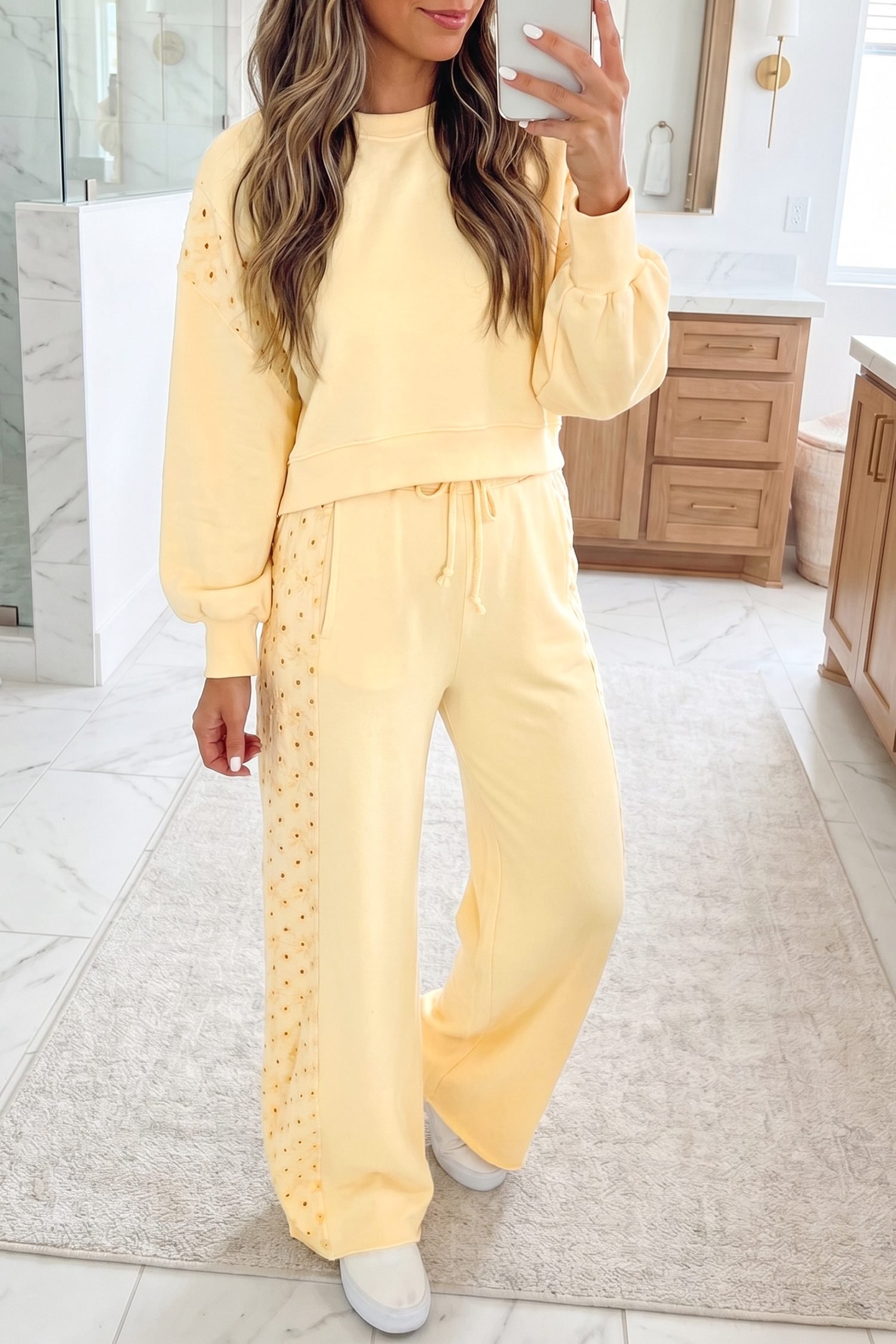 Yellow Cream Eyelet Embroidered Lace Patchwork Cropped Pullover Drawstring Pants Set - Image 2