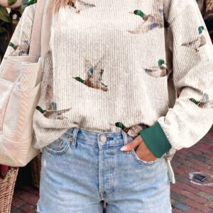 Beige Twisted Ribbed Duck Print Crewneck Casual Pullover Top