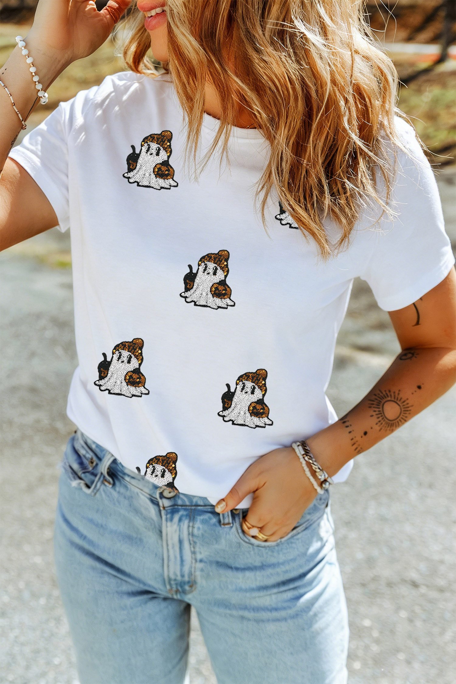 White Sequin Ghost Print Short Sleeve Casual Halloween Graphic T-Shirt - Image 8