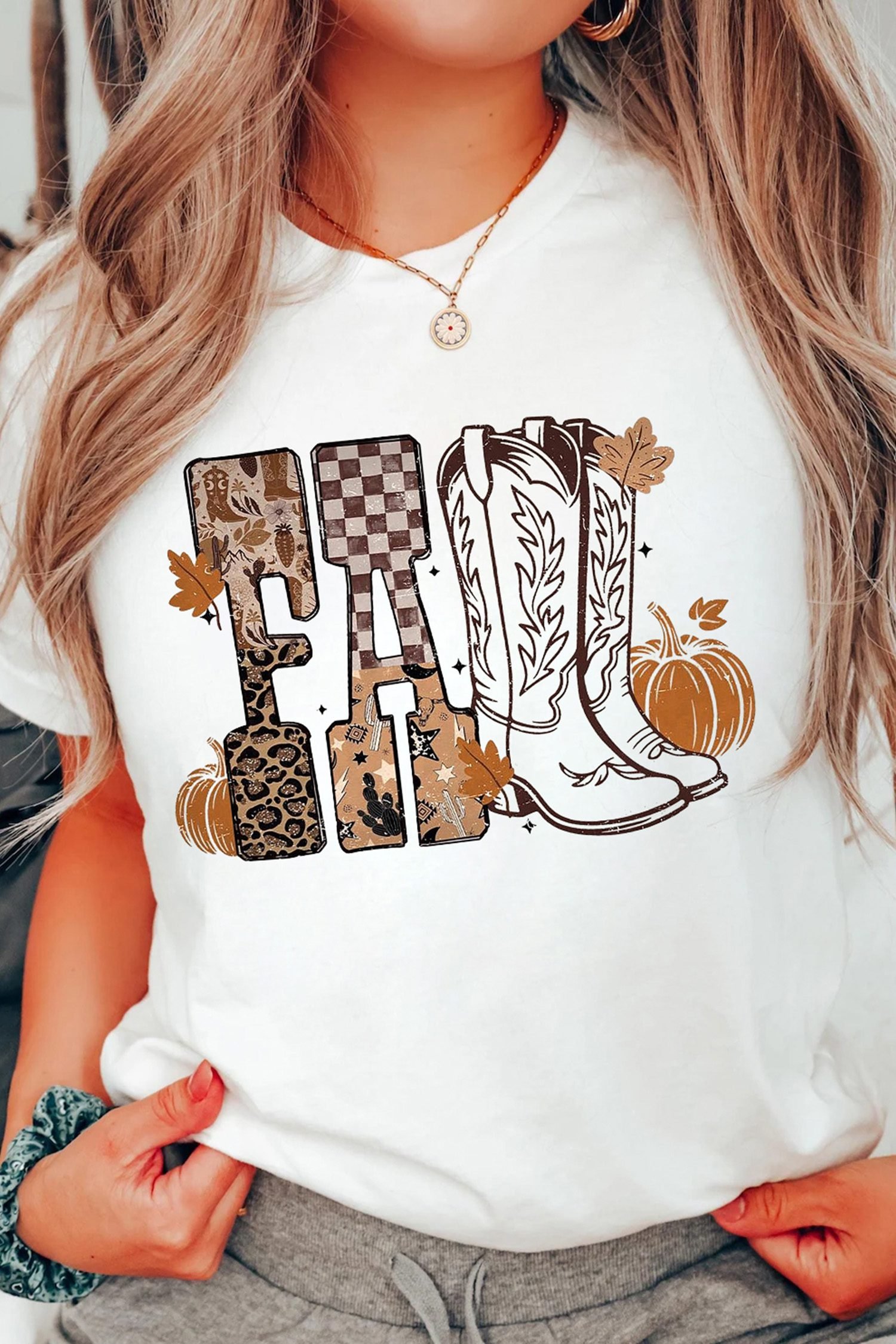 White FALL Letter Print Western Thanksgiving Graphic T-Shirt - Image 3