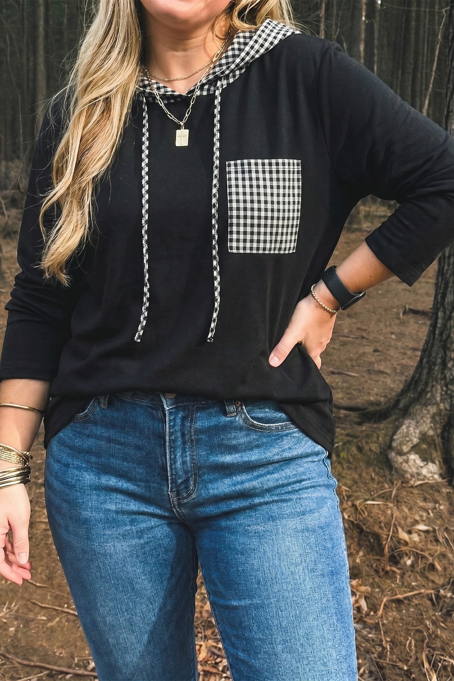 Black Hooded Gingham Paneling Chest Patch Pocket Long Sleeve Plus Size Blouse - Image 4