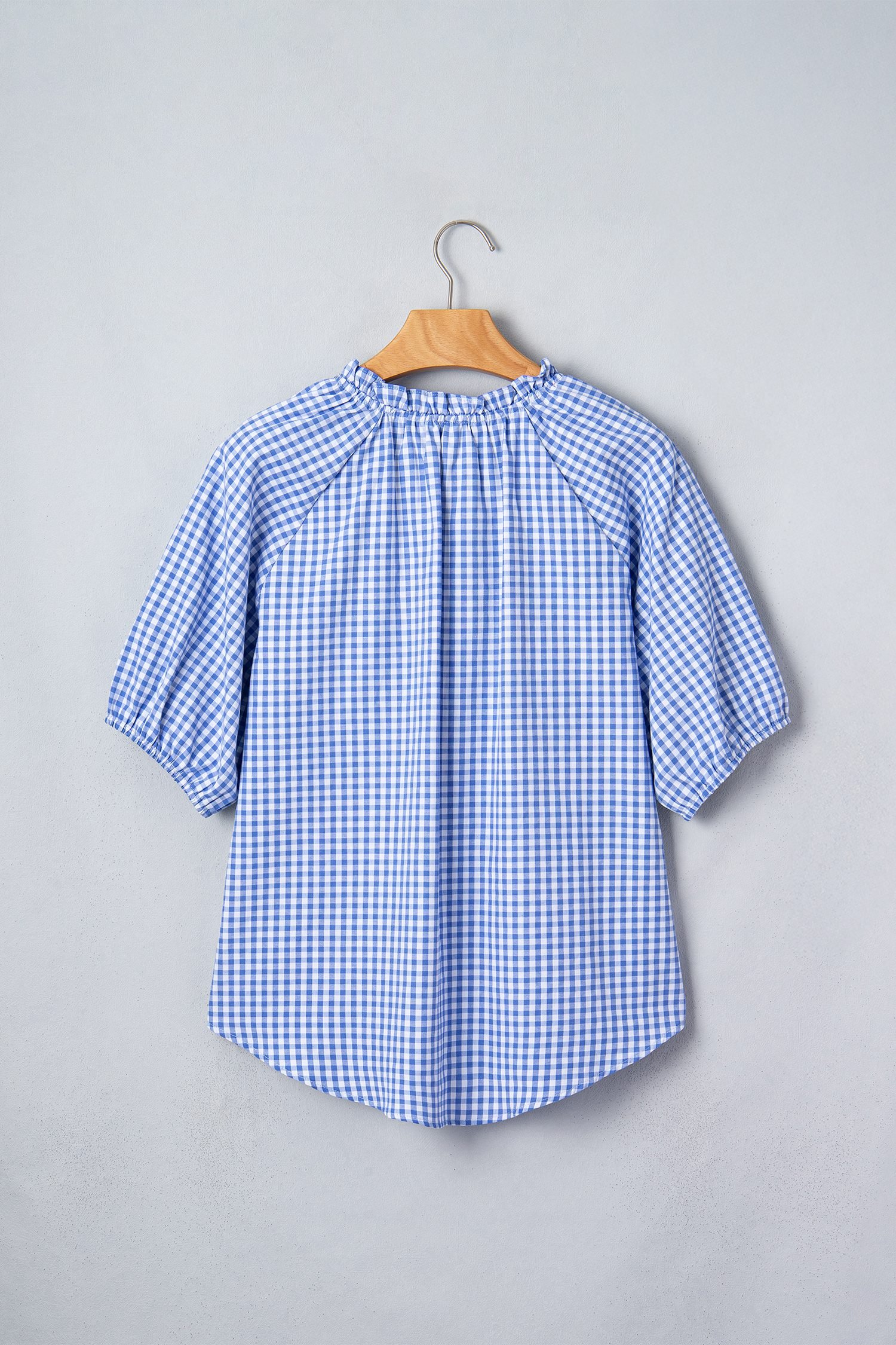 Sky Blue Summer Plaid V Neck Puff Sleeve Blouse - Image 8