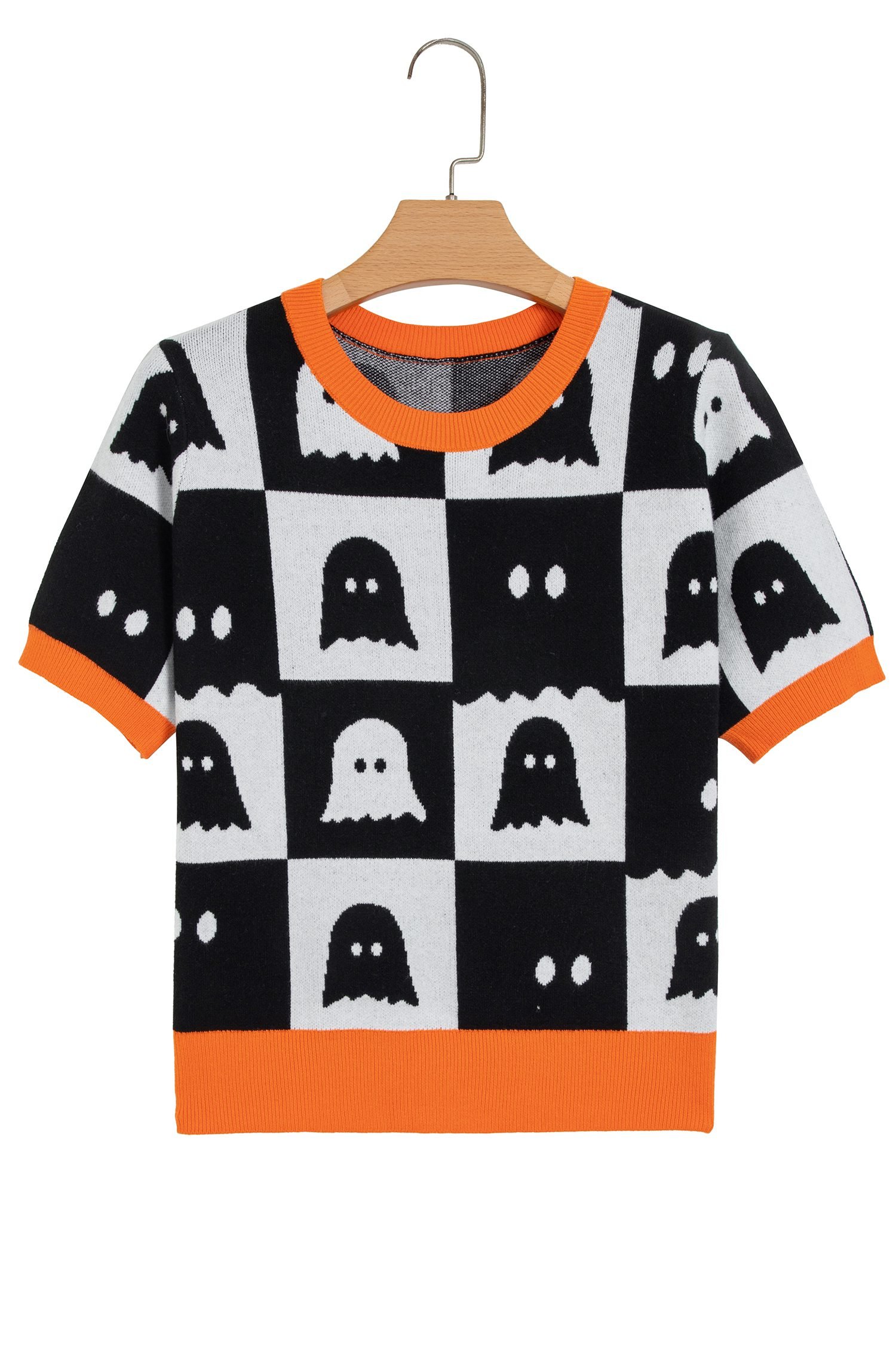 White Geometric Ghost Color Block Trim Short Sleeve Knit Sweater - Image 11